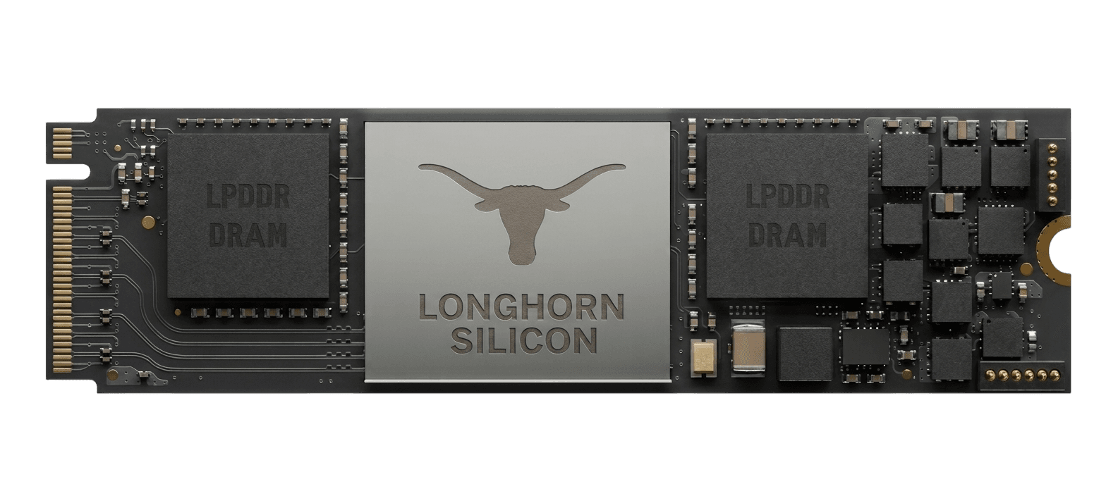 Longhorn Silicon Lambda M.2 module with silver heat spreader and LPDDR DRAM